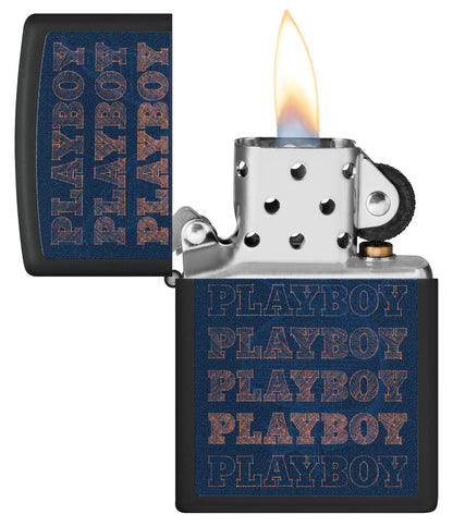 Zippo Black Light Rabbit Design Black Matte Windproof Lighter with its lid open and lit.