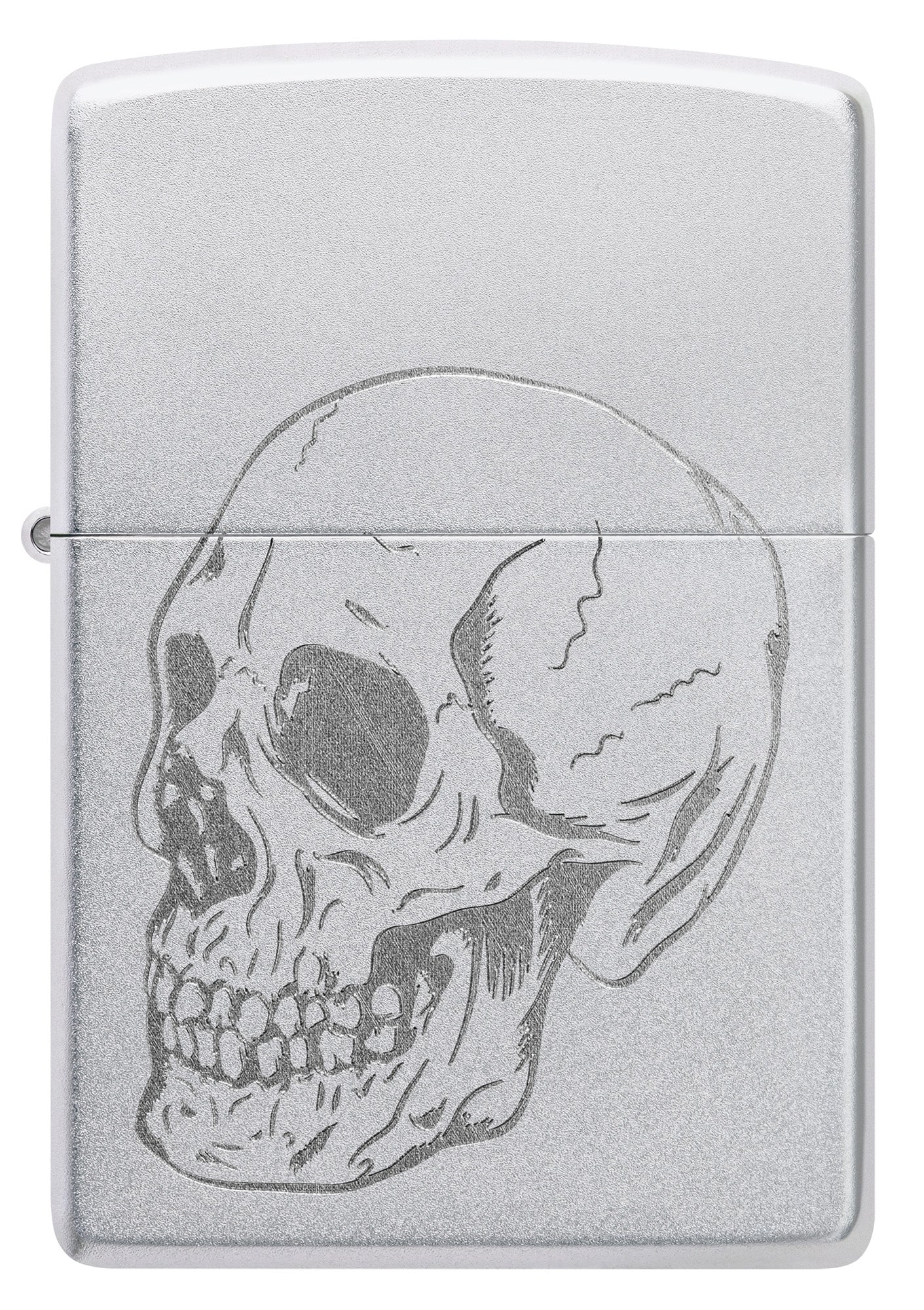Front view of Zippo Subtle Skull Design Satin Chrome Windproof Lighter.