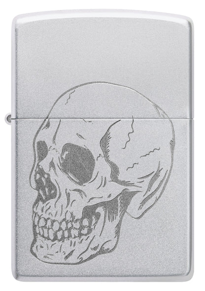 Front view of Zippo Subtle Skull Design Satin Chrome Windproof Lighter.