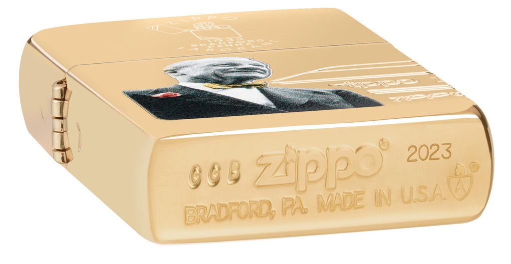 Zippo 2023 Founder's Day Collectible Armor High Polish Brass Windproof Lighter laying flat, showing the special bottom stamp.