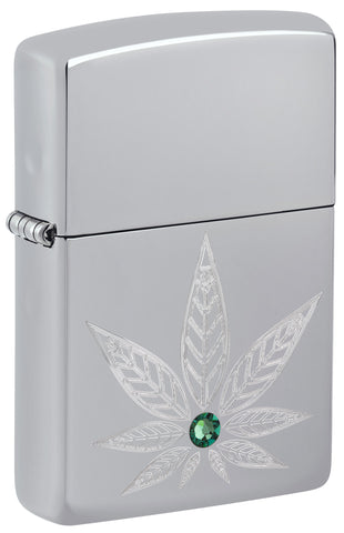 Front shot of Zippo Cannabis Crystal Design High Polish Chrome Windproof Lighter standing at a 3/4 angle.