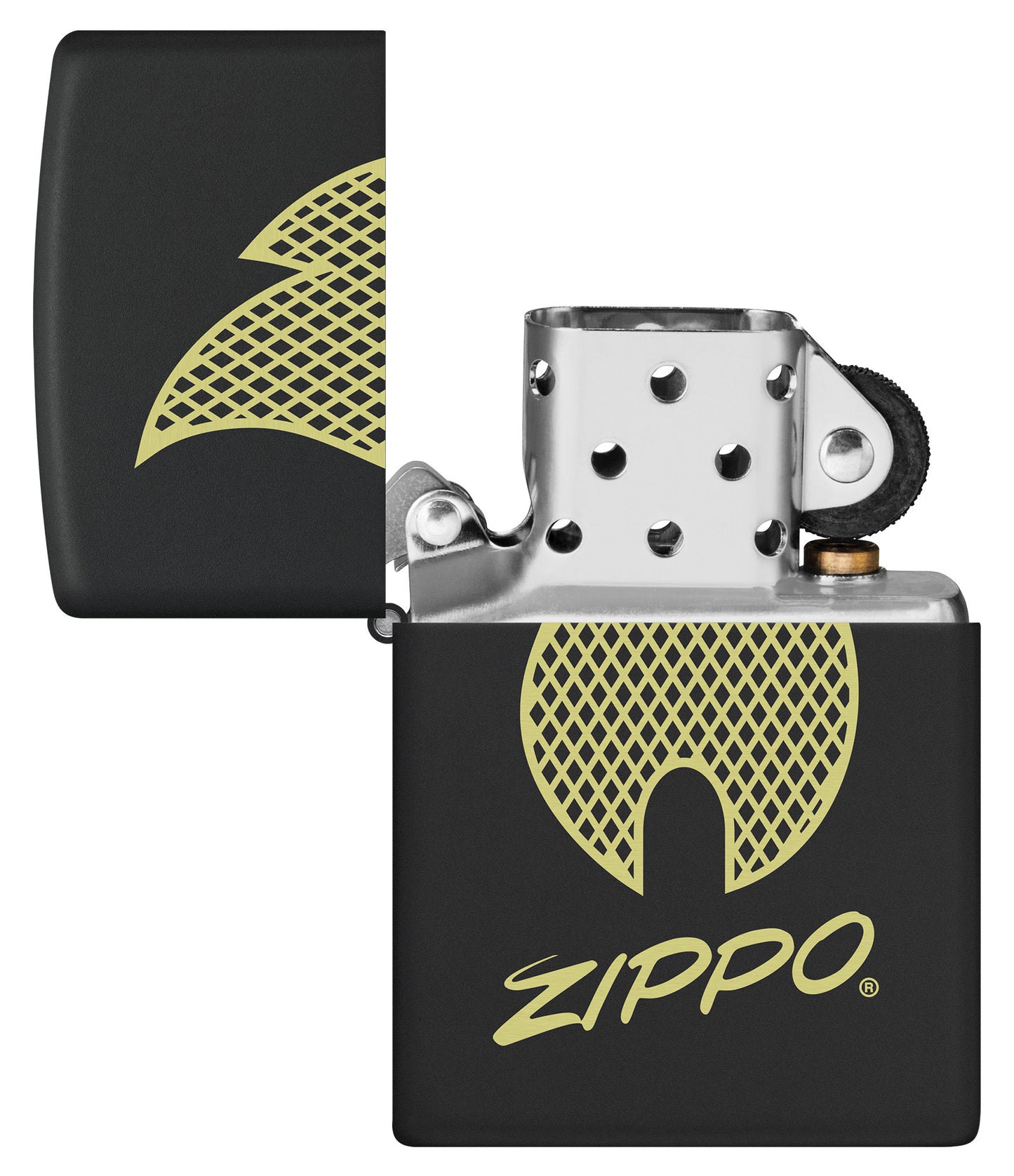 Zippo Script Logo Design Windproof Lighter with its lid open and not lit.
