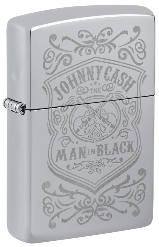 Front view of Zippo Johnny Cash High Polish Chrome Windproof Lighter standing at a 3/4 angle.