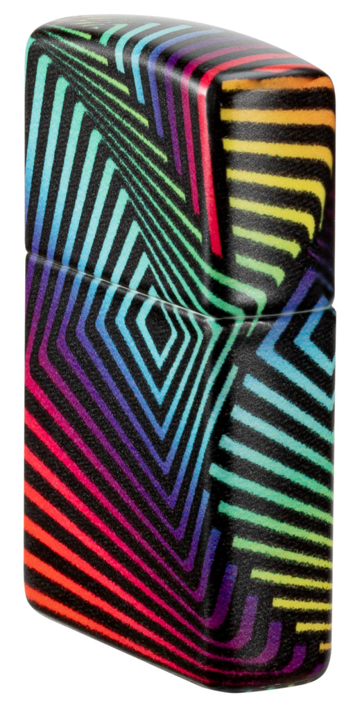 Angled shot of Zippo Rainbow Pattern Design 540 Color Windproof Lighter, showing the front and right side of the lighter. 