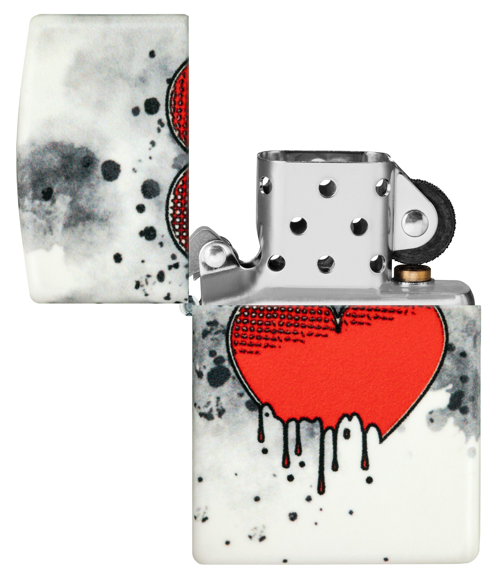 Zippo Love Drip Design 540 Color Glow in the Dark Windproof Lighter with its lid open and unlit.