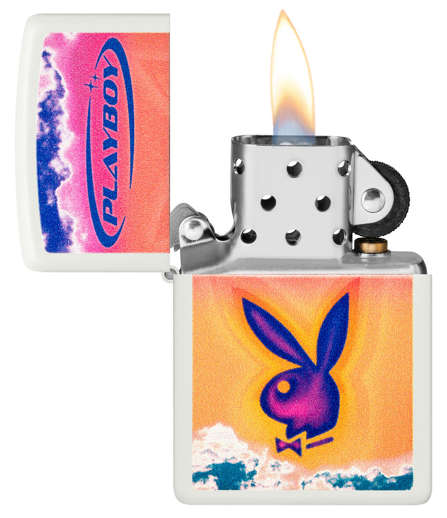 Zippo Playboy White Matte Windproof Lighter with its lid open and lit.