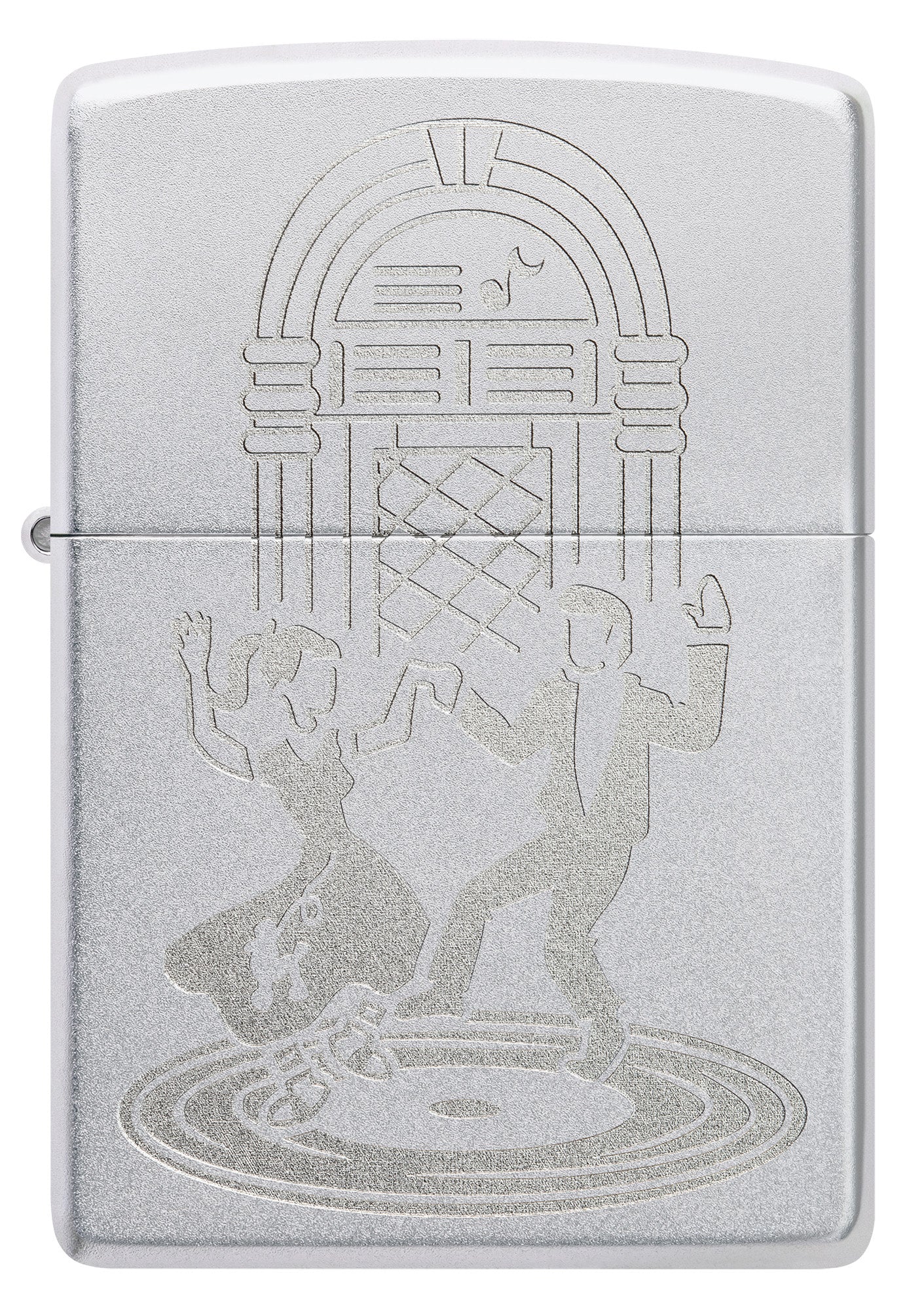 Front view of Zippo Vintage Dance Design Satin Chrome Windproof Lighter.