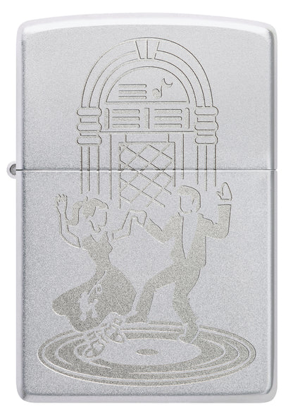 Front view of Zippo Vintage Dance Design Satin Chrome Windproof Lighter.