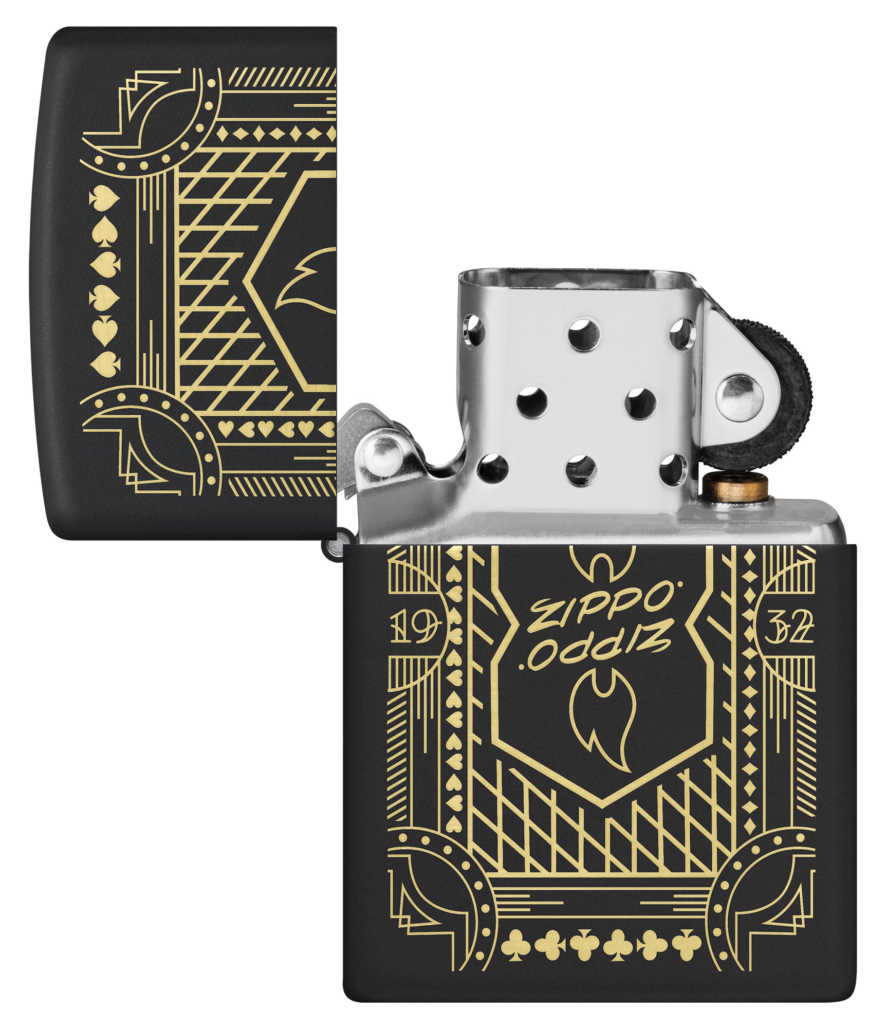 Zippo Lines Design Black Matte Windproof Lighter with its lid open and unlit.