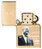 Zippo 2023 Founder's Day Collectible Armor High Polish Brass Windproof Lighter with its lid open and unlit.