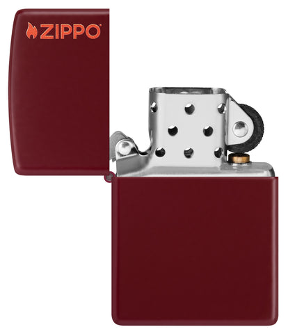 Zippo Classic Merlot Logo Windproof Lighter with its lid open and unlit.