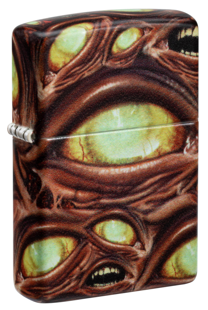 Front shot of Zippo Glow in the Dark Zombie Eye Windproof Lighter standing at a 3/4 angle.