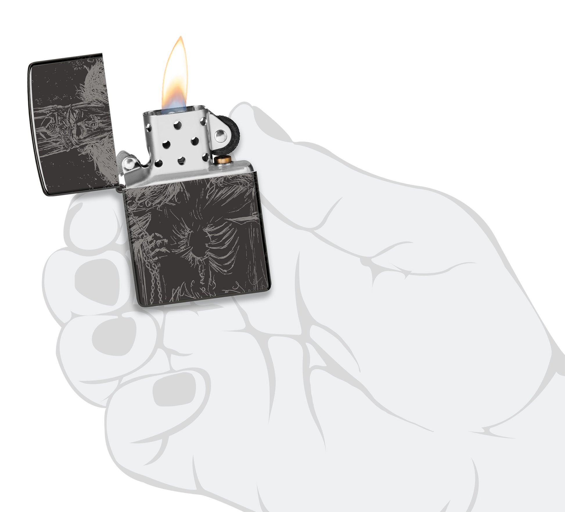 Zippo Skull King Design High Polish Black Windproof Lighter lit in hand.