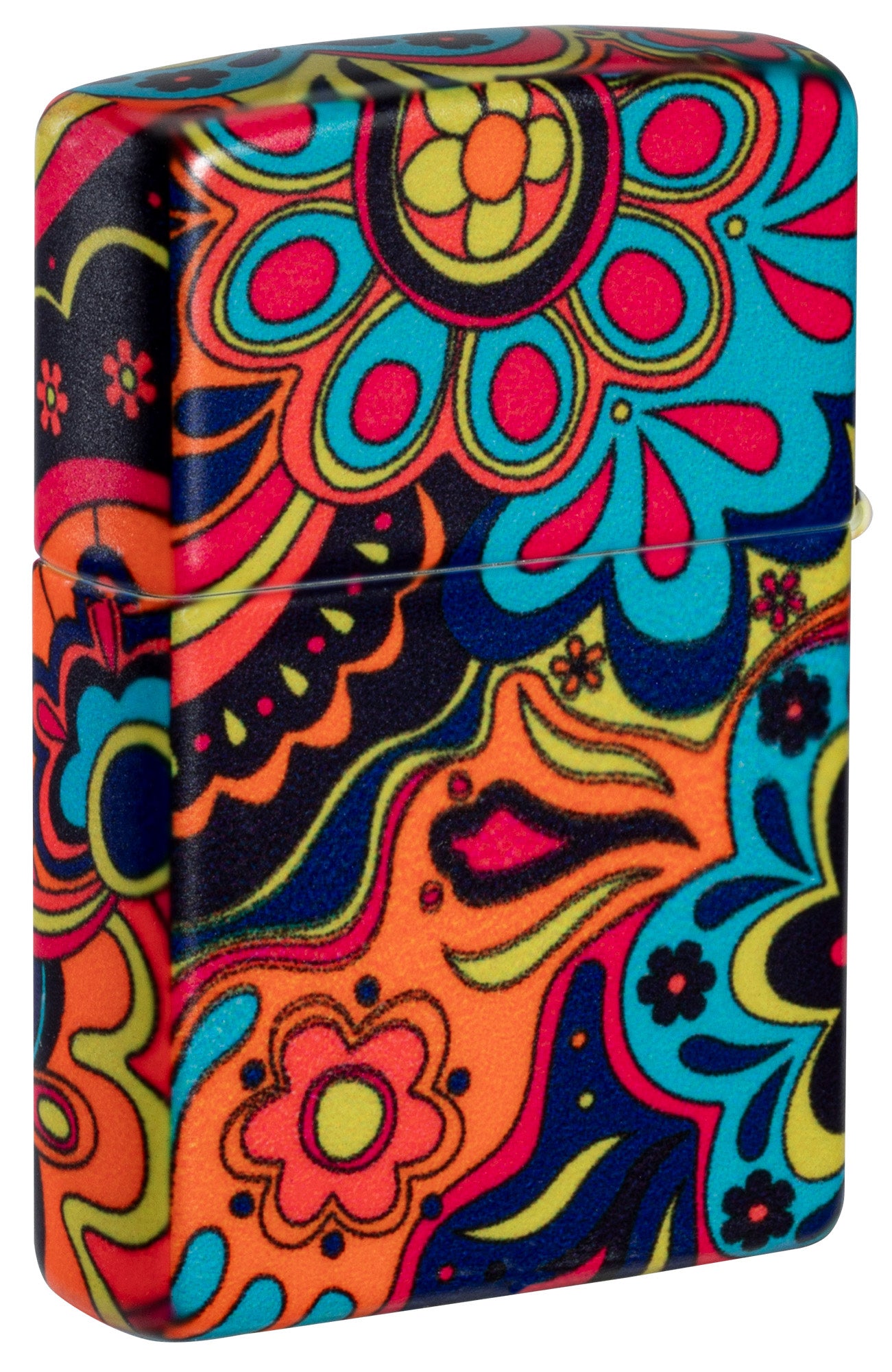 Back shot of Zippo Flower Power Design 540 Matte Windproof Lighter standing at a 3/4 angle.