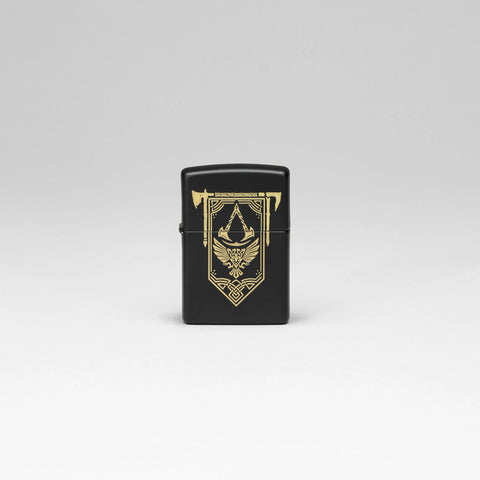 Lifestyle image of Zippo Assassin's Creed Design Black Matte Windproof Lighter standing in a grey scene.