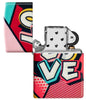 Zippo Love Design 540 Matte Windproof Lighter with its lid open and unlit.