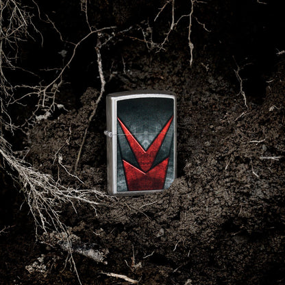 Lifestyle image of Zippo Metallic Pattern Design Street Chrome Windproof Lighter standing on rocks.