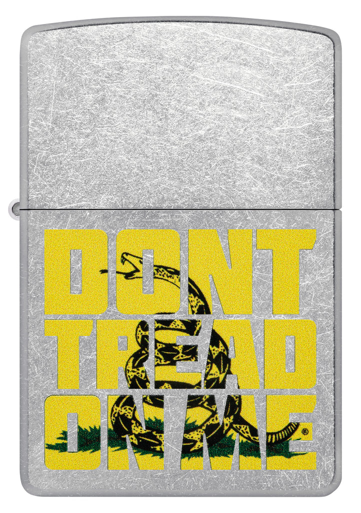 Front view of Zippo Don’t Tread on Me Street Chrome Windproof Lighter.