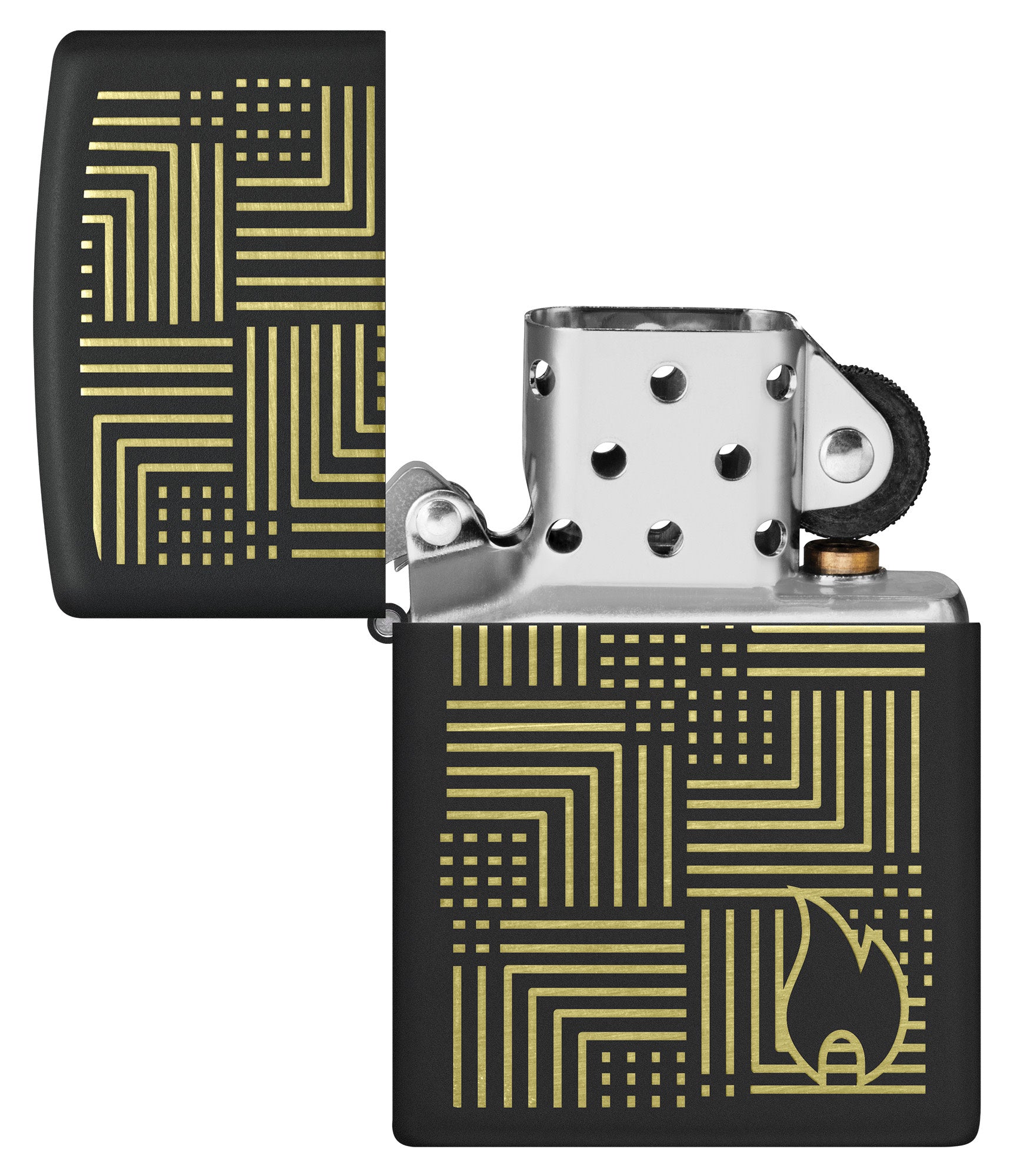 Zippo Reflection Design Black Matte Windproof Lighter with its lid open and unlit.