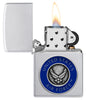 Zippo United States Air Force™ Emblem Satin Chrome Windproof Lighter with its lid open and lit.