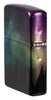 Angled shot of Zippo Colorful Sky Design 540 Tumbled Chrome Windproof Lighter showing the back and hinge side of the lighter.