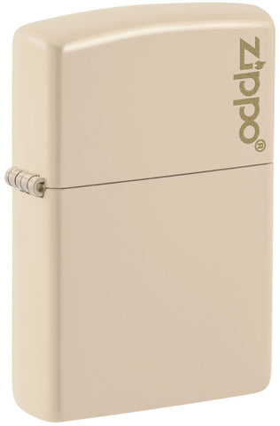 Front view of the Classic Flat Sand Zippo Logo pocket lighter at a 3/4 angle