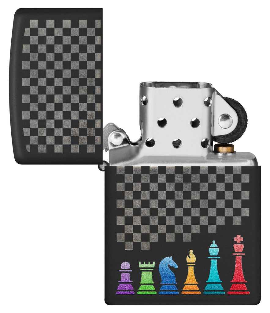 Zippo Chess Pieces Design Black Matte Windproof Lighter with its lid open and unlit.