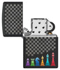 Zippo Chess Pieces Design Black Matte Windproof Lighter with its lid open and unlit.