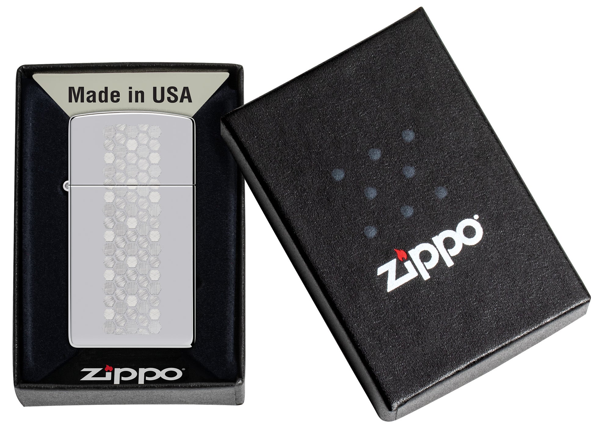 Zippo SlimÂ® Honeycomb Design High Polish Chrome Windproof Lighter in its packaging.