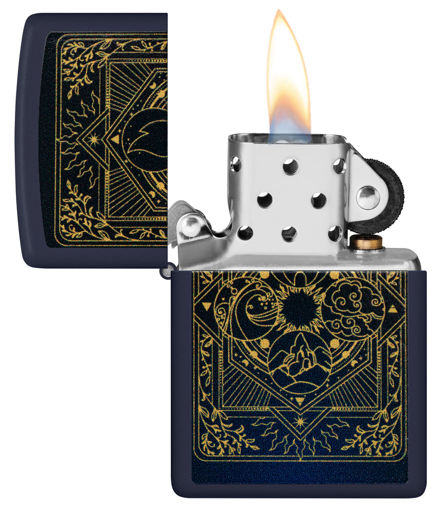 Zippo Elements Design Navy Matte Windproof Lighter with its lid open and lit.