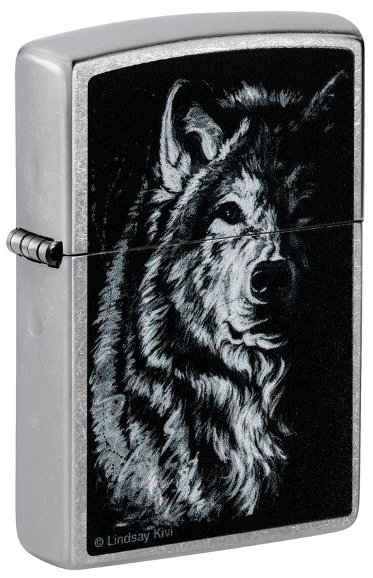 Front shot of Zippo Lindsay Kivi Shadow Wolf Street Chrome Windproof Lighter standing at a 3/4 angle.