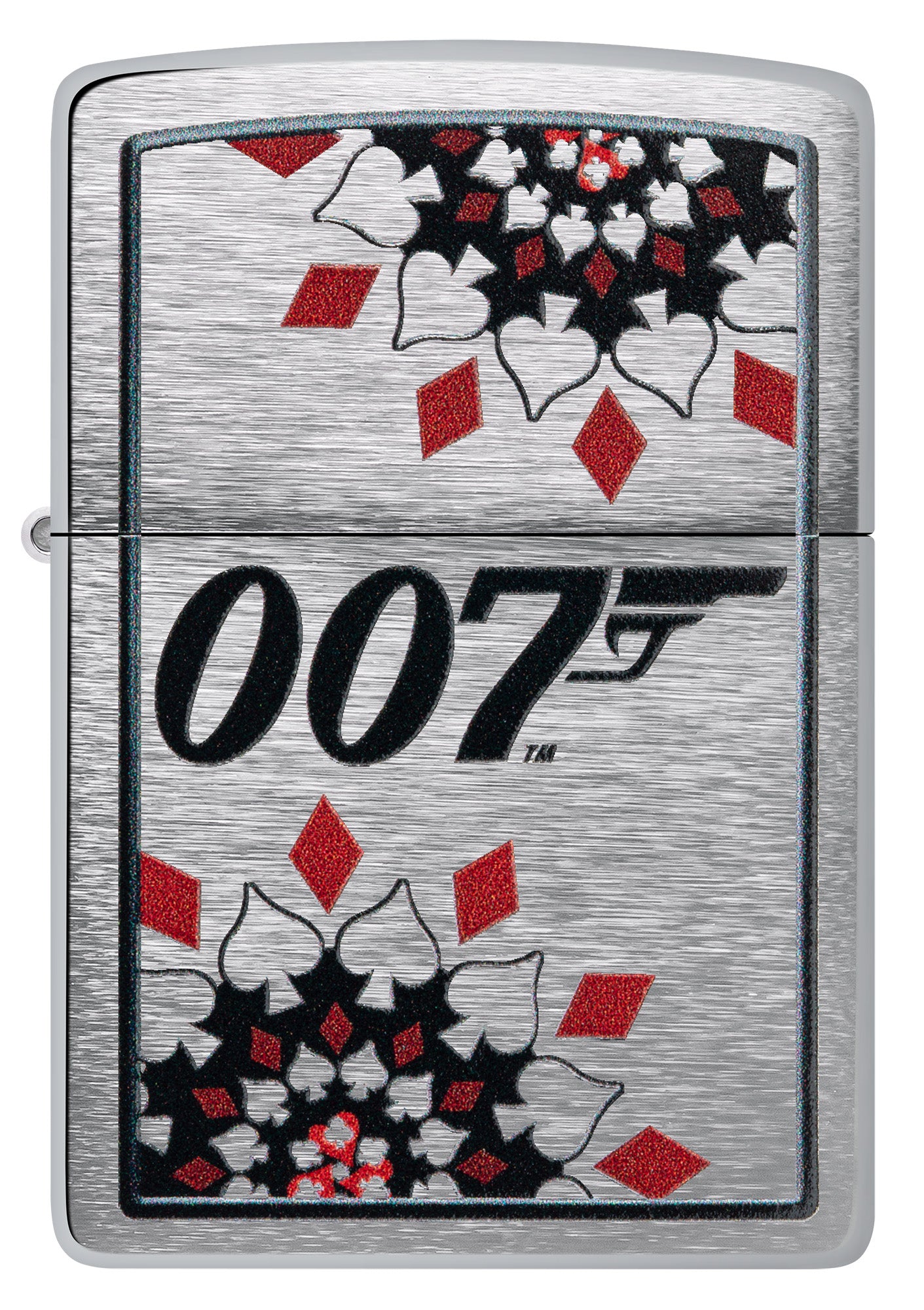 Front shot of Zippo James Bond Brushed Chrome Windproof Lighter.