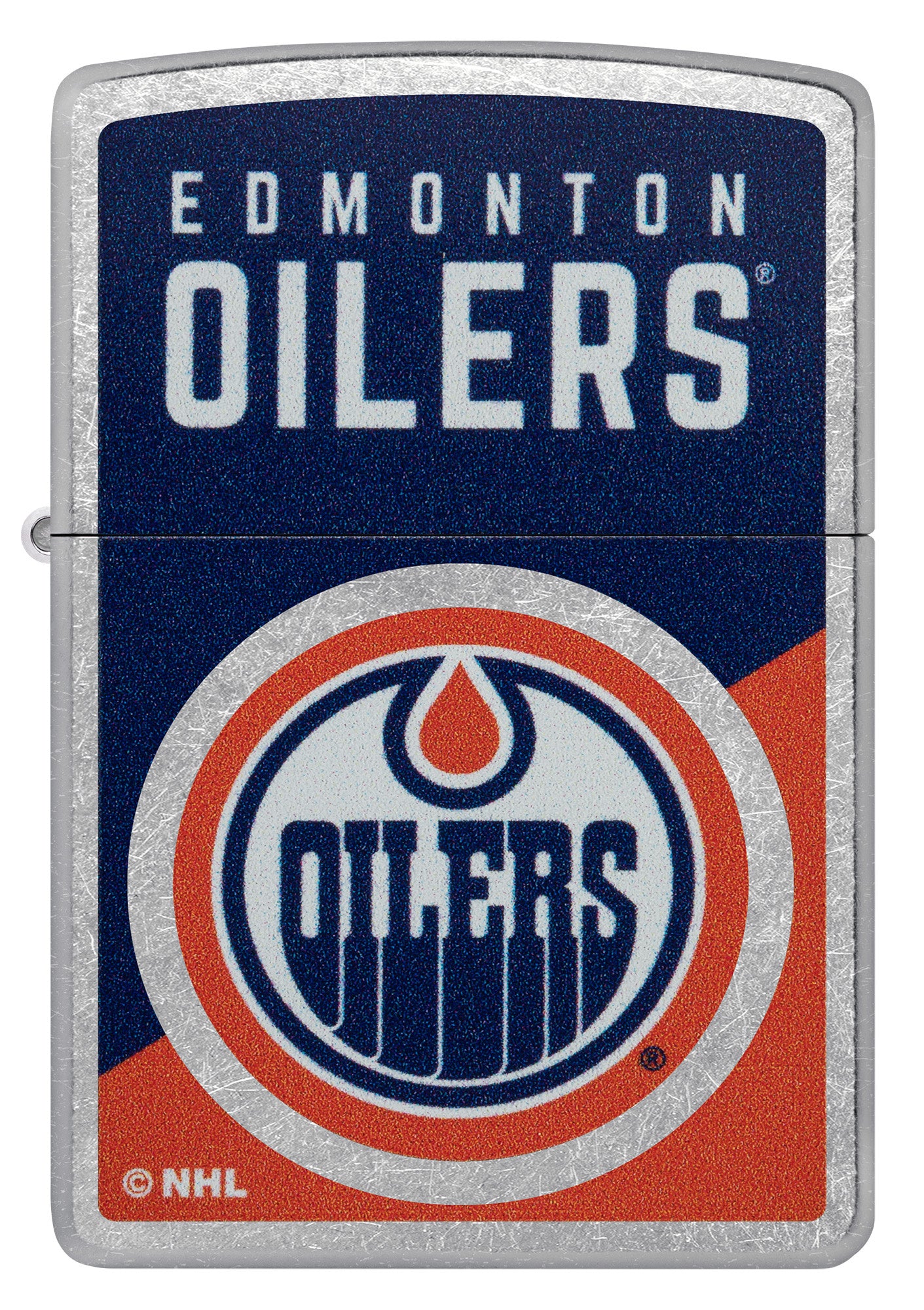 Zippo NHL® Edmonton Oilers® 2024 Street Chrome™ Windproof Lighter with its lid open and lit.