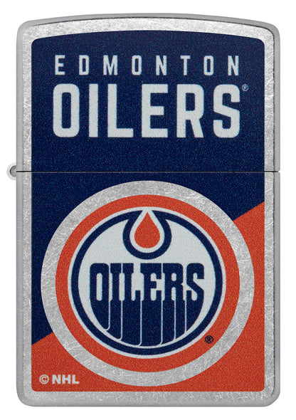 Zippo NHL® Edmonton Oilers® 2024 Street Chrome™ Windproof Lighter with its lid open and lit.