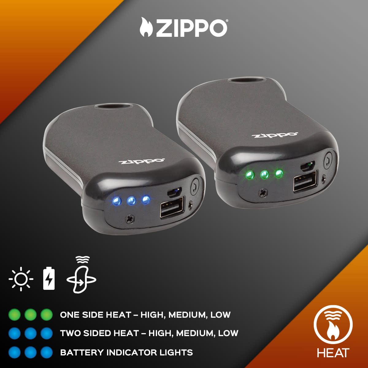 Graphic of Black HeatBankÂ® 9s Rechargeable Gaming Hand Warmer showing information on the light indicators.