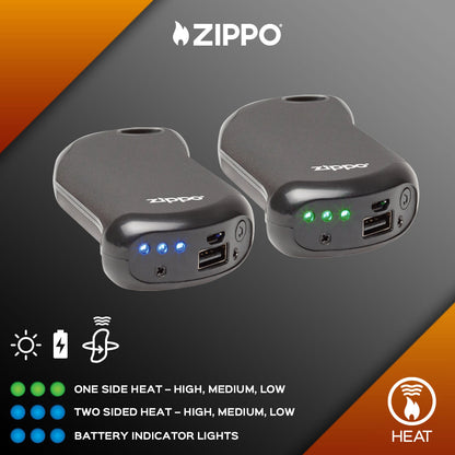 Graphic of Black HeatBankÂ® 9s Rechargeable Gaming Hand Warmer showing information on the light indicators.