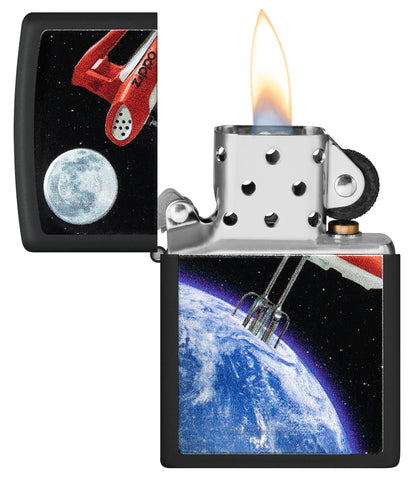 Zippo Earth Mix Design Texture Print Black Matte Windproof Lighter with its lid open and lit.