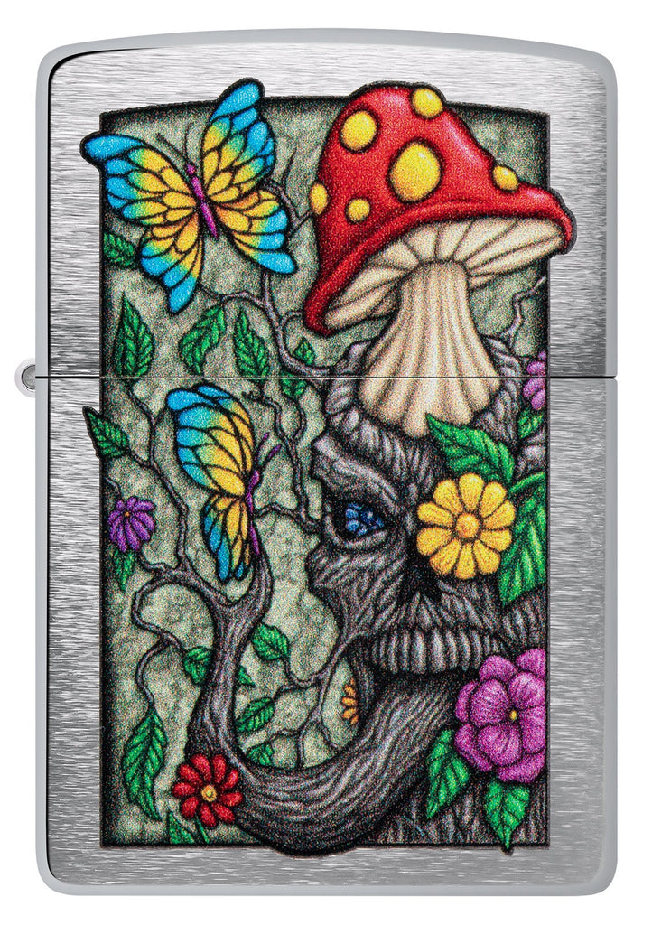 Front view of Zippo Freaky Nature Design Brushed Chrome Windproof Lighter.