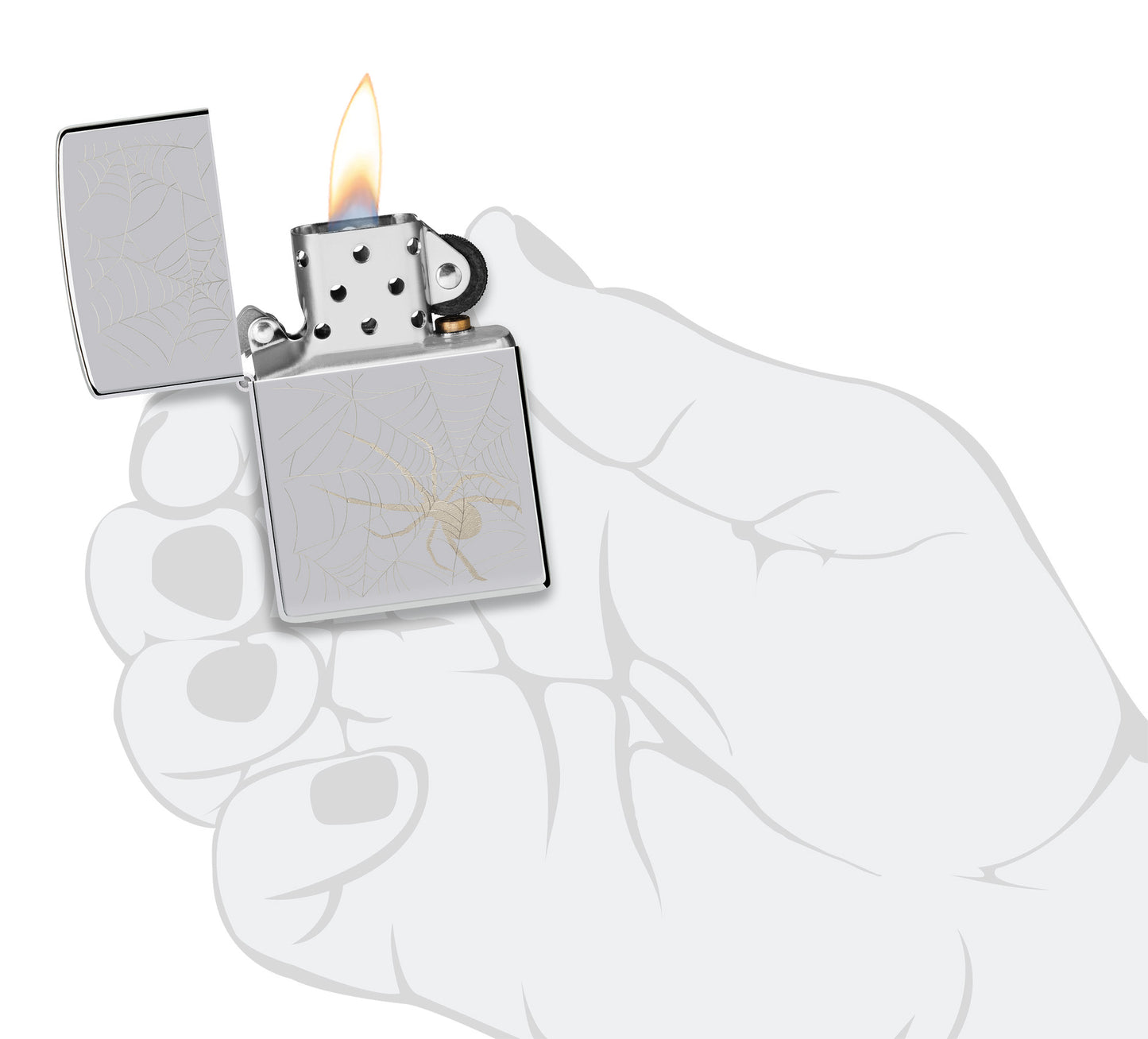 Zippo Spider Web Design High Polish Chrome Windproof Lighter lit in hand.
