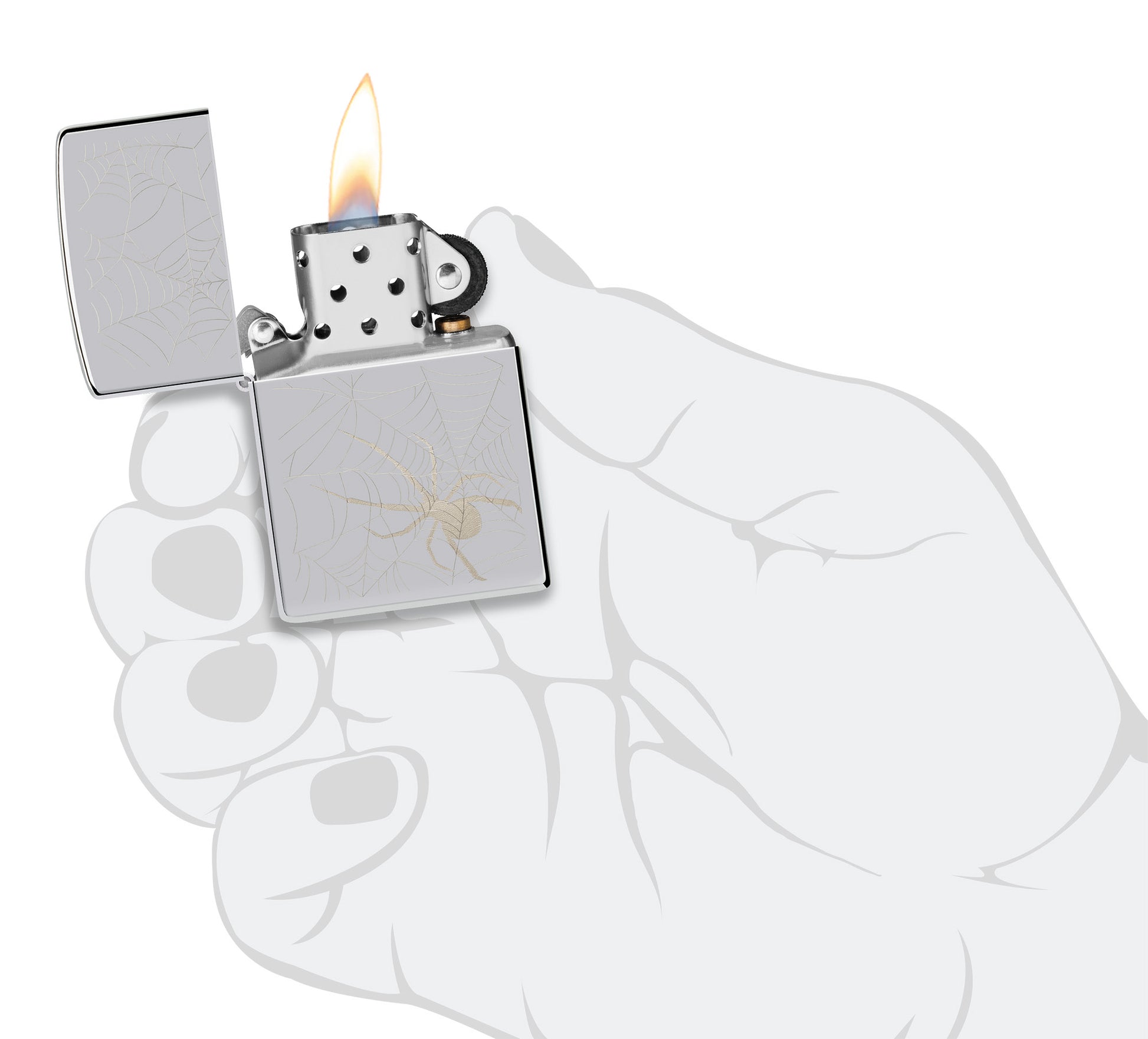 Zippo Spider Web Design High Polish Chrome Windproof Lighter lit in hand.