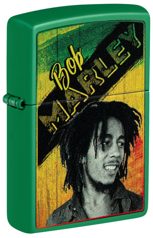 Front shot of Zippo Bob Marley Grass Green Design Grass Green Matte Windproof Lighter standing at a 3/4 angle.