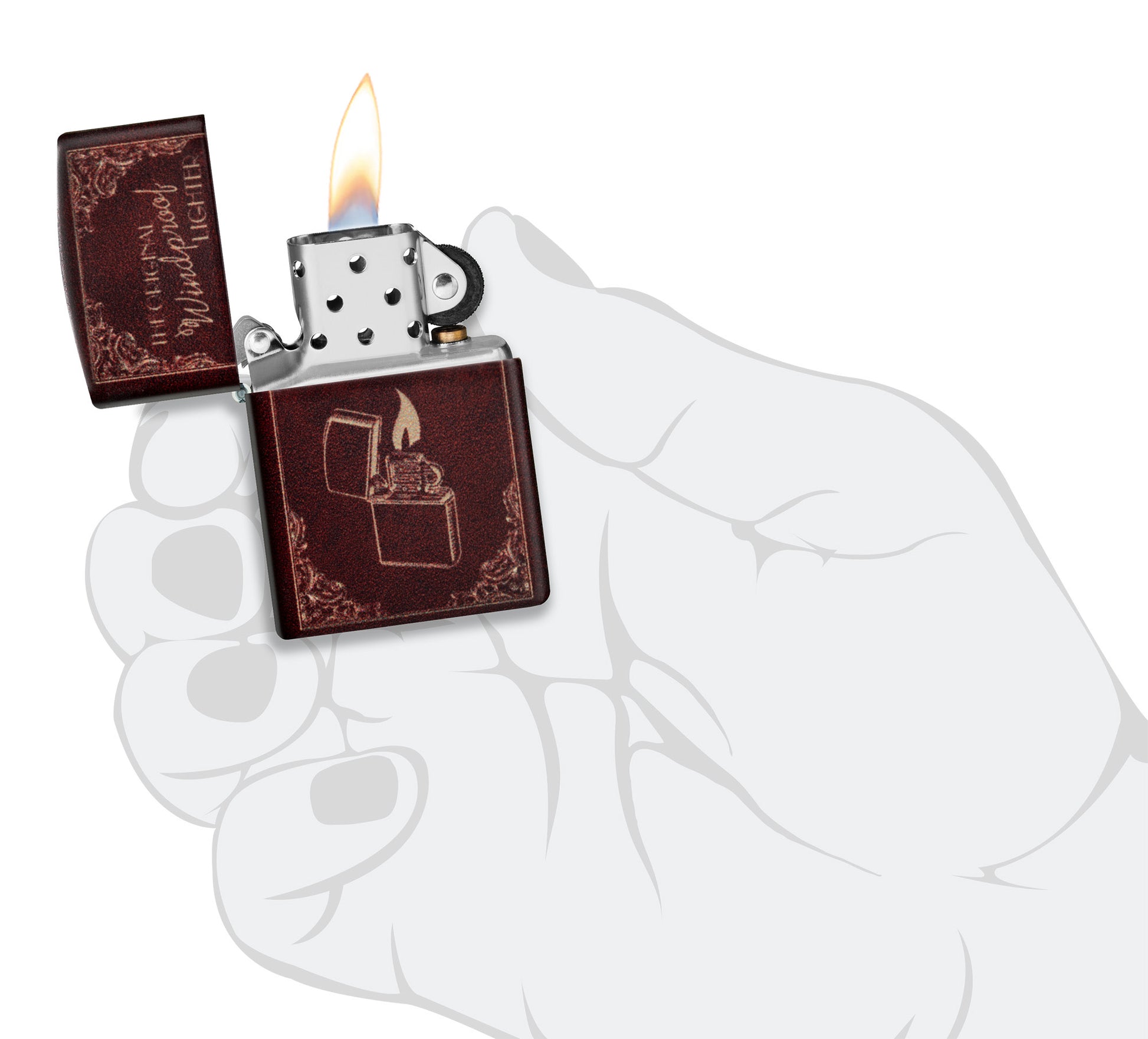 Zippo Storybook 540 Matte Windproof Lighter lit in hand.