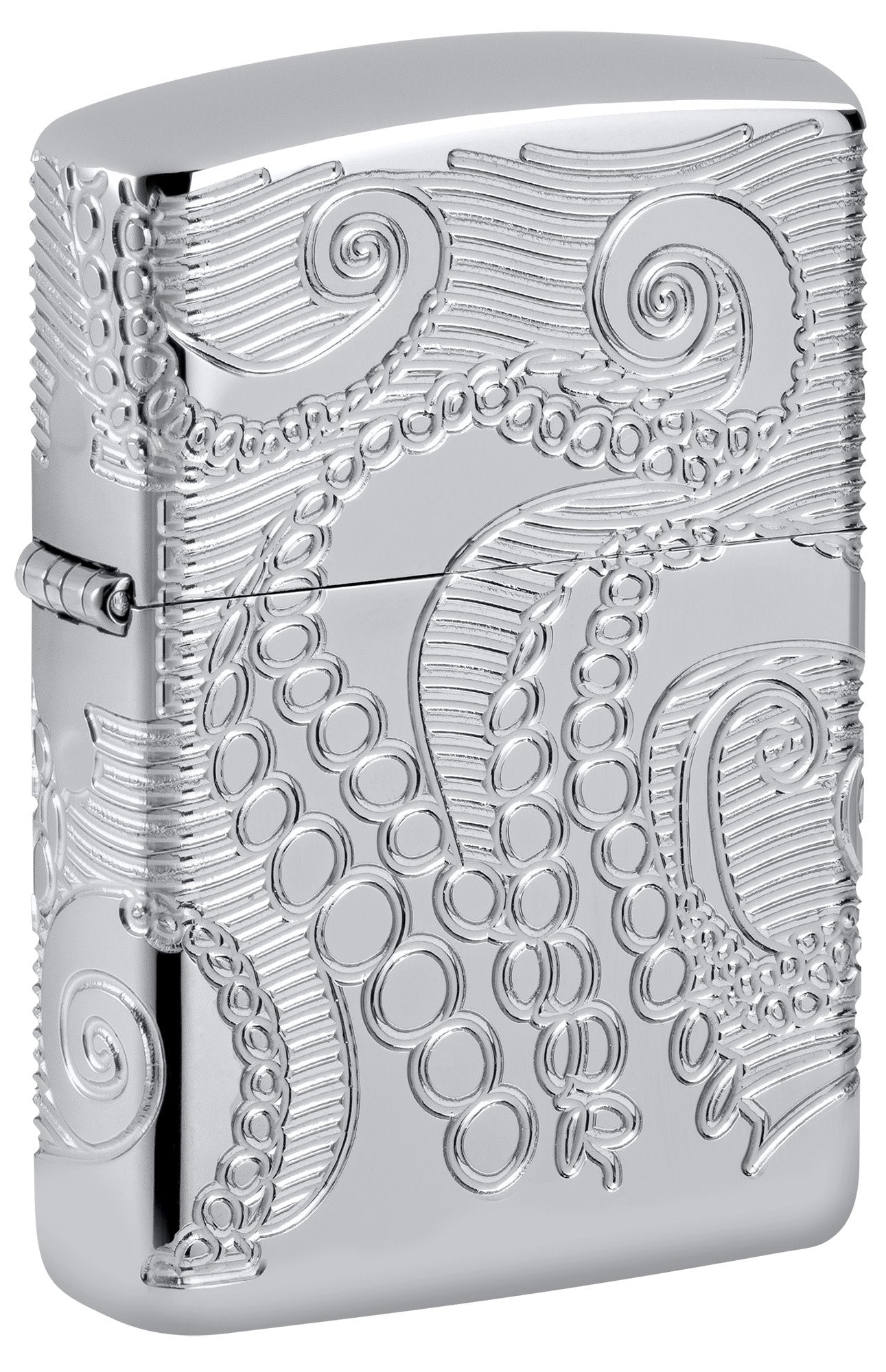 Front shot of Zippo Tentacles Design ArmorÂ® High Polish Chrome Windproof Lighter standing at a 3/4 angle.