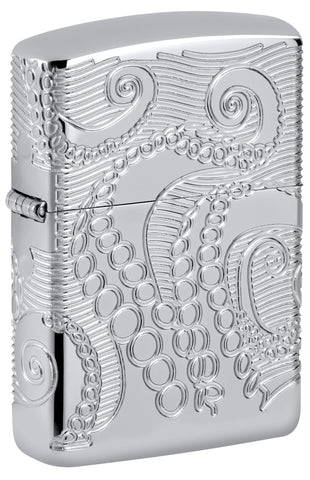 Front shot of Zippo Tentacles Design Armor® High Polish Chrome Windproof Lighter standing at a 3/4 angle.