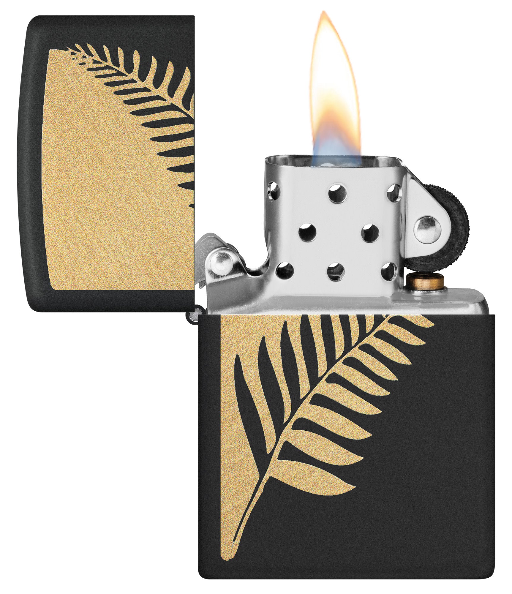 Zippo Zen Flora Design Black Matte Windproof Lighter with its lid open and lit.