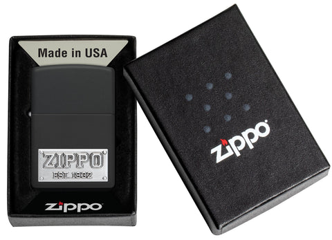 Zippo Wolf Emblem Design Brushed Chrome Windproof Lighter in its packaging.