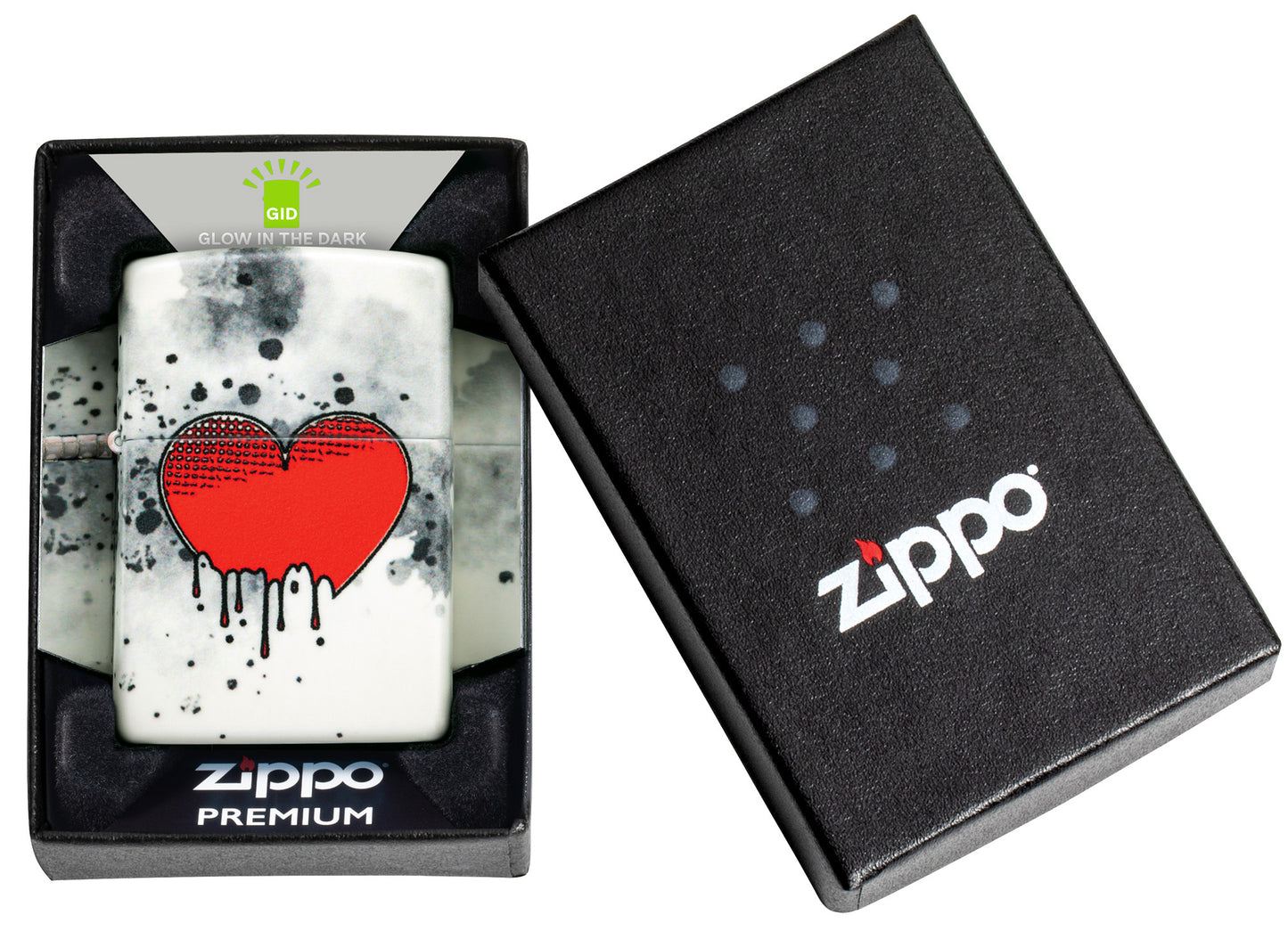 Zippo Love Drip Design 540 Color Glow in the Dark Windproof Lighter in its packaging.