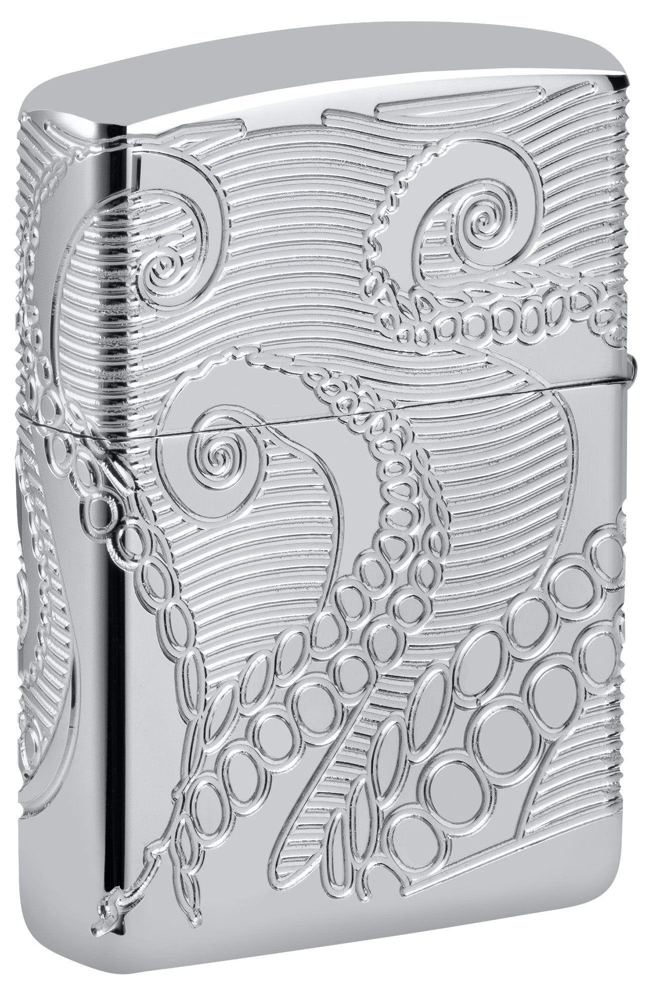 Back shot of Zippo Tentacles Design ArmorÂ® High Polish Chrome Windproof Lighter standing at a 3/4 angle.