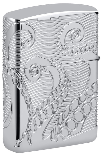 Back shot of Zippo Tentacles Design ArmorÂ® High Polish Chrome Windproof Lighter standing at a 3/4 angle.