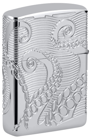 Back shot of Zippo Tentacles Design Armor® High Polish Chrome Windproof Lighter standing at a 3/4 angle.